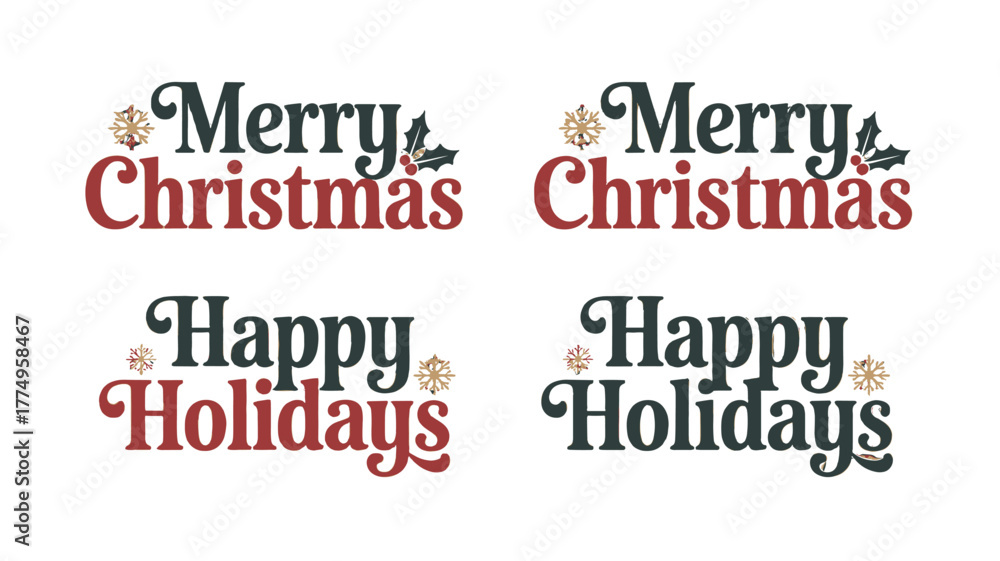 Obraz premium Christmas and holiday greetings typography with snowflakes and holly.