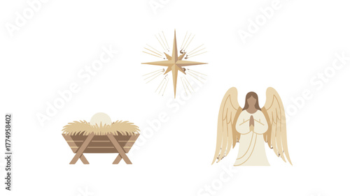 A religious illustration of a star, angel and manger.