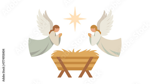 A digital illustration depicting two angels near a manger.