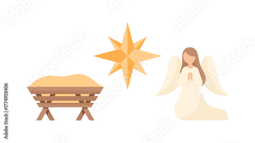 A depiction of the nativity scene with a crib, angel, and guiding star.
