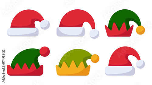 Variety of colorful Christmas hats in a festive array.