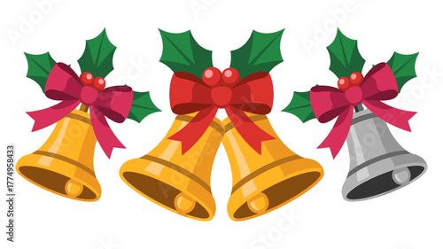 Festive golden bells decorated with bows and holly.