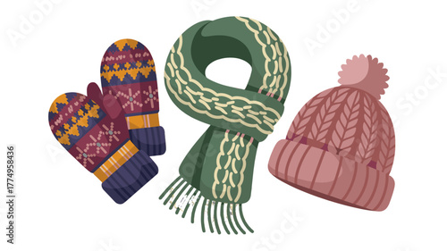 Cozy winter accessories: Hat, Scarf, and Mittens.