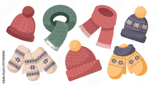 Collection of winter hats, scarves, and mittens, perfect for staying warm during the cold season.