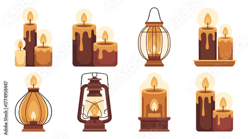 Different styles of candles and lamps illuminate the space with a warm glow.