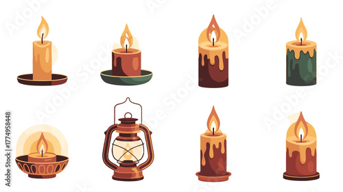 Collection of burning candle illustrations and lamp.