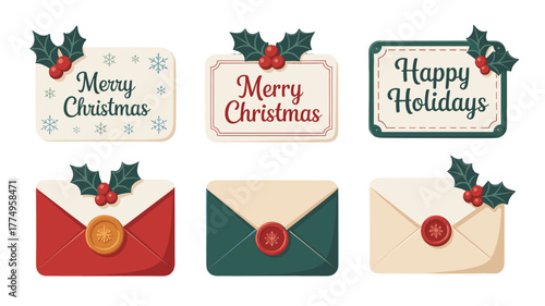 Festive Christmas cards and envelopes with holly embellishments, perfect for spreading holiday cheer.
