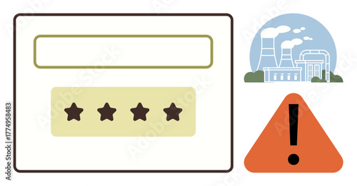 Password bar with star placeholders, warning triangle with exclamation mark, and industrial power plant. Ideal for cybersecurity, data protection, warning systems, industrial safety, environmental