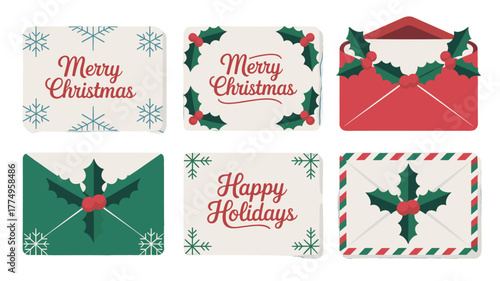 Collection of holiday-themed cards with merry christmas and happy holidays greetings.