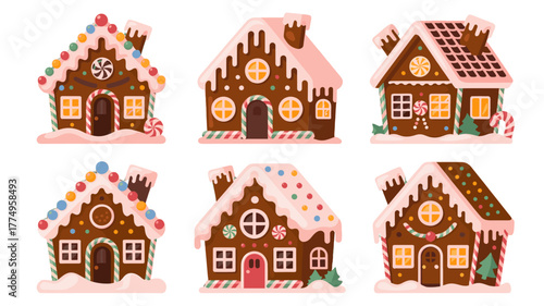 Colorful gingerbread houses arranged, a sweet festive scene.