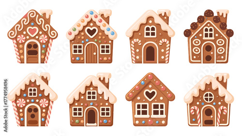 A delightful illustration of various gingerbread houses.