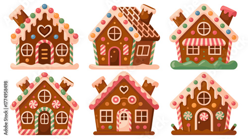 Sweet gingerbread houses decorated with colorful candies and frosting.
