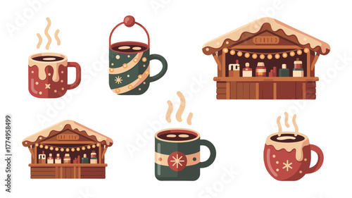 Cozy winter scene of multiple coffee mugs.