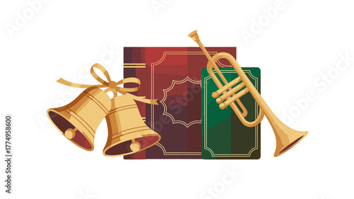 A festive arrangement featuring a musical instrument, decorative bells, and books, evoking a sense of celebration.