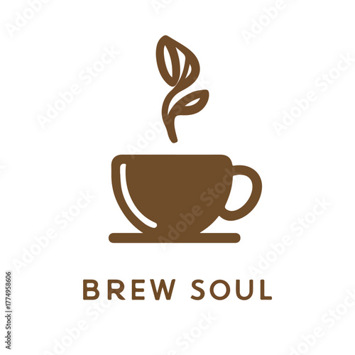 A Minimalist Logo Illustration of a Hot Coffee or Tea Cup with a Single Leaf Stem Sprouting from the Top, with the Text Brew Soul Below