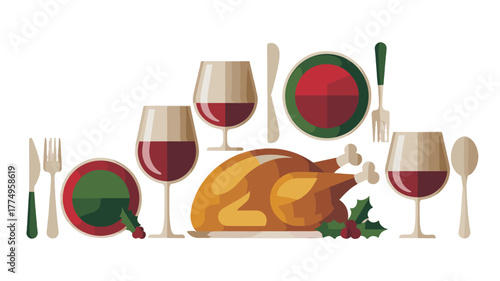 A festive holiday meal spread, with a roasted turkey centerpiece, ready for a feast.