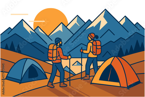 Adventurous campers hiking at sunrise in mountain landscape with tents