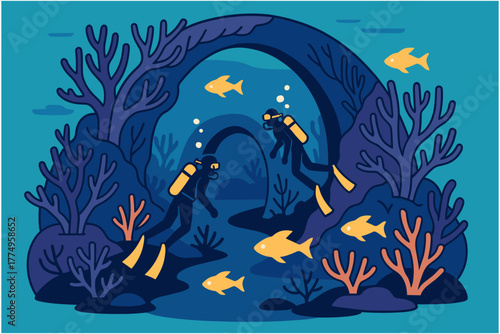 Colorful flat design of scuba divers exploring an underwater coral reef scene