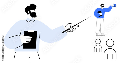 Man holding a clipboard and pointer, addressing an audience with confidence. Ideal for leadership, education, planning, teamwork, communication, training motivation. A simple flat metaphor
