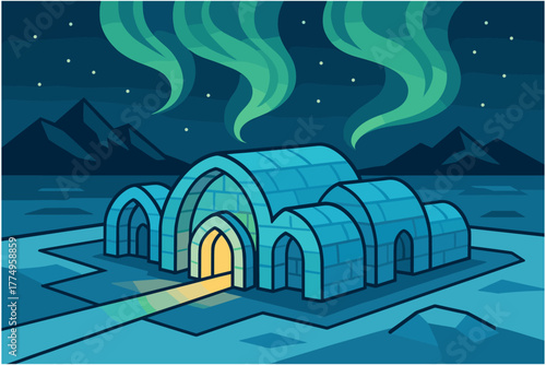 Glowing igloo at night with northern lights and mountains in background
