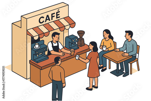 Vibrant coffee shop scene in isometric style with customers interacting