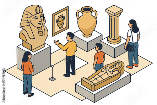 Ancient museum exhibit with historical artifacts and visitors in isometric design