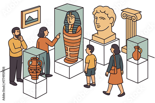 Isometric museum scene with visitors exploring ancient artifacts and exhibits