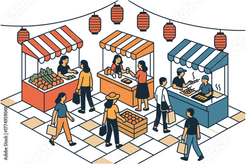 Vibrant market scene with food stalls and shoppers in isometric style
