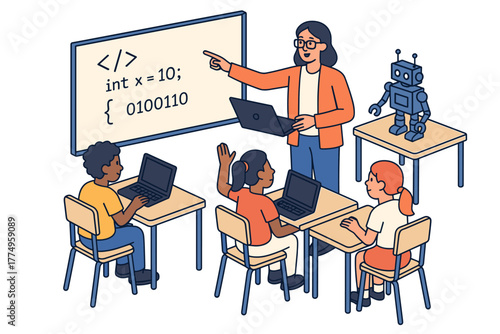 Classroom coding lesson with teacher and students learning programming basics