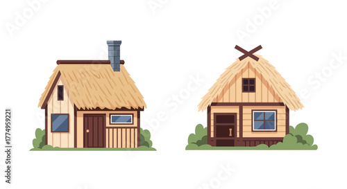 Charming thatched roof cottages with wooden walls and simple designs shown