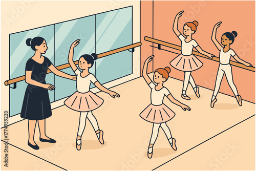 Ballet class with young dancers practicing in studio with instructor