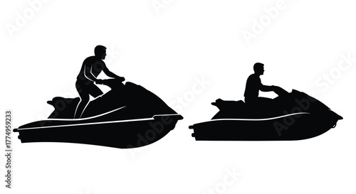 Silhouettes of two jet skis with riders on the water
