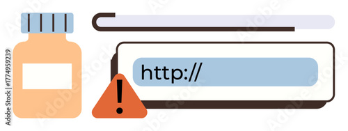 Medicine bottle next to URL field with an alert triangle, highlighting online medical guidance, user safety, and cyber risks. Ideal for health, precautions, awareness, e-prescriptions, cybersecurity