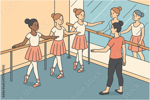Ballet class practice with instructor and students in a dance studio setting