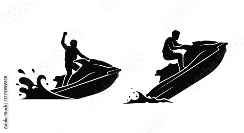 Two silhouettes riding jet skis across water dynamic action illustration