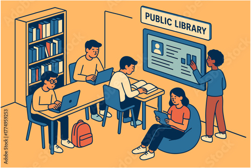 Isometric public library with students using laptops and digital board