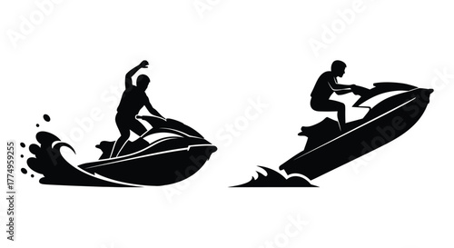 Black silhouette illustration of two people enjoying watercraft on the waves