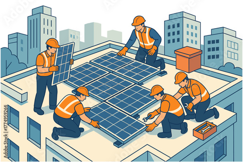 Team installing solar panels on rooftop in urban setting with safety equipment