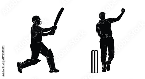 Silhouette of a cricket batsman hitting and a bowler celebrating
