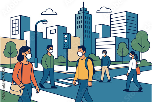 City life with people practicing safety measures in flat urban landscape