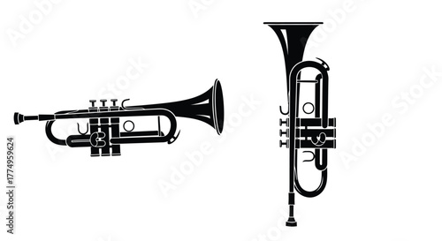 Two black silhouette trumpets displayed against a clean white background