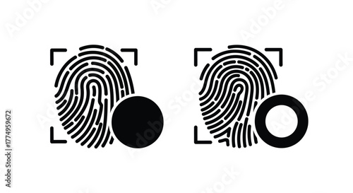 Black fingerprints within square frames and solid circular shapes presented