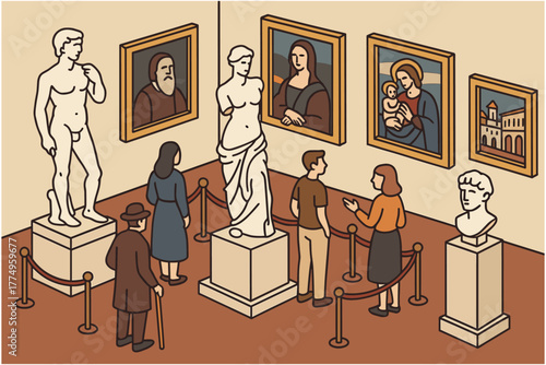 Art museum exhibit with famous sculptures and paintings in isometric design