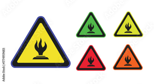 Warning signs depicting flammable materials in various vibrant colors displayed