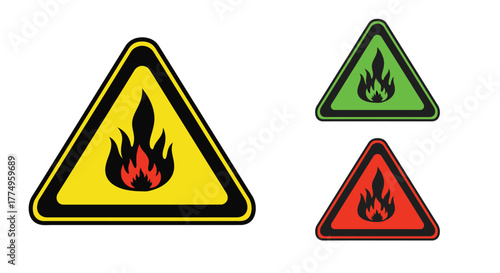 Warning signs depicting flammable materials and fire hazards in various colors