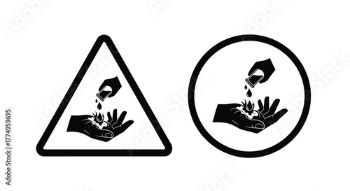Caution Corrosive substance warning signs depicting hand exposure to liquid