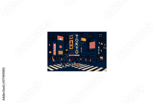 Vibrant neon lights of tokyo cityscape at night in flat design