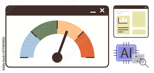 Speedometer gauge representing performance, data display window, AI processor chip for analytics and innovation. Ideal for efficiency, technology, AI, data, performance innovation business. Simple