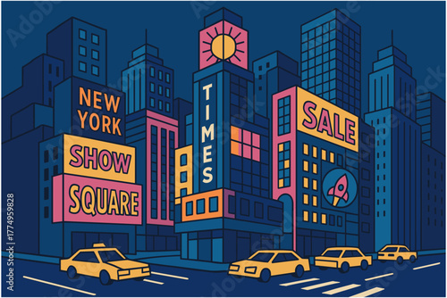 Colorful night scene of new york city with vibrant billboards and taxis