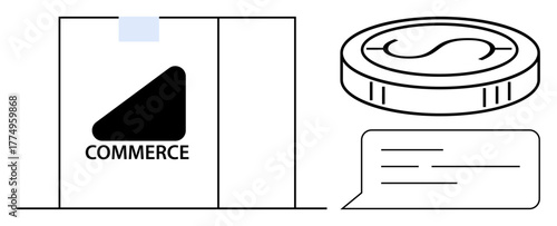 Package with logo, coin with currency sign, and chat bubble indicating e-commerce, digital payment, logistics, business, customer communication, online shopping, and simple flat metaphor